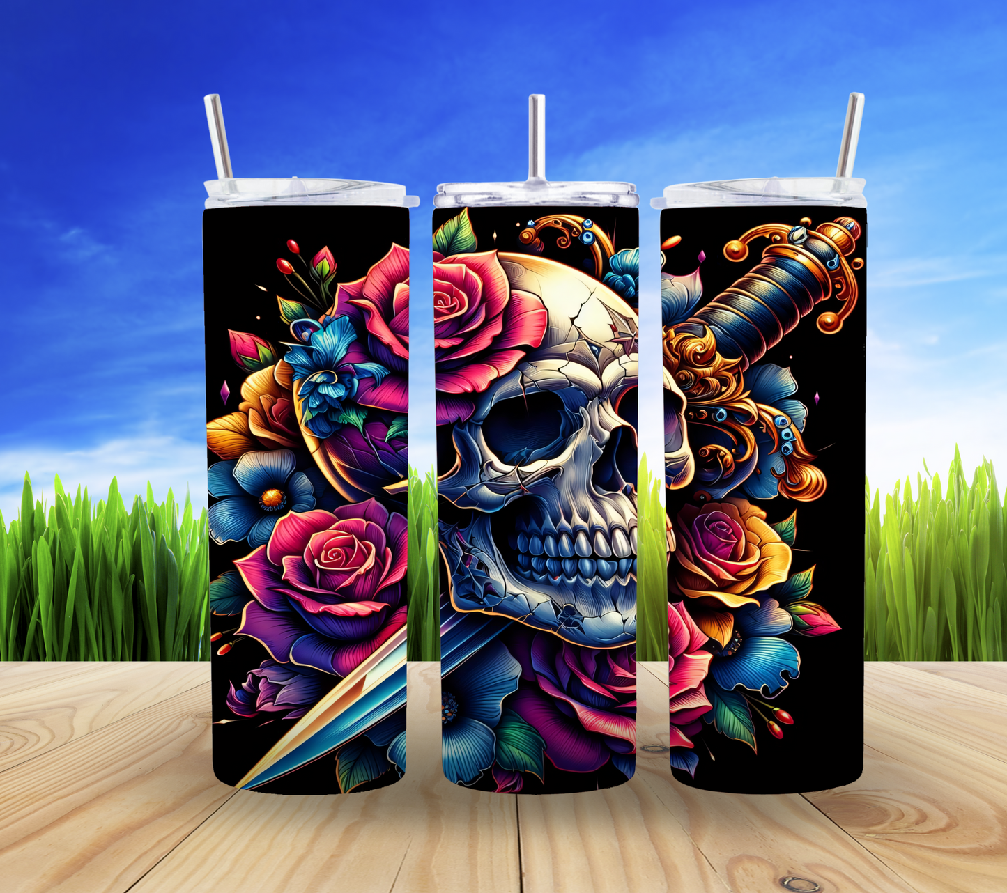 ๐ก๏ธ๐ Vibrant Skull with Dagger 20oz Tumbler ๐โจ
