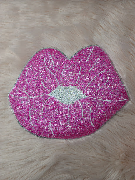 Lip patch, Hot pink lips patch, Sequin patch, Iron on