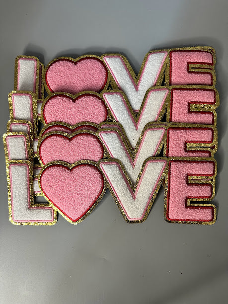 Love Iron On Chenille Patches with Gold-Glitter Edging 11"