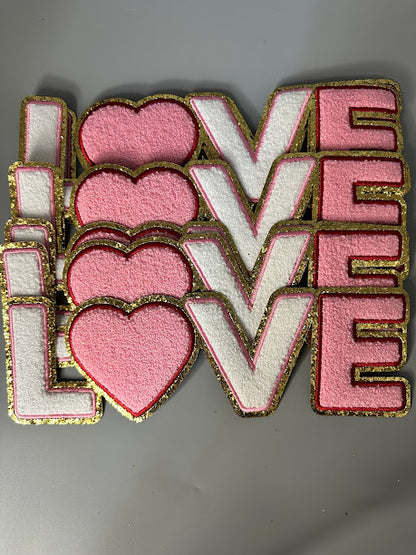 Love Iron On Chenille Patches with Gold-Glitter Edging 11"