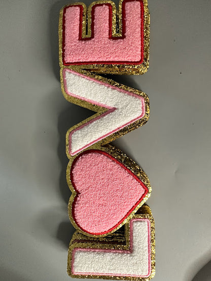 Love Iron On Chenille Patches with Gold-Glitter Edging 11"