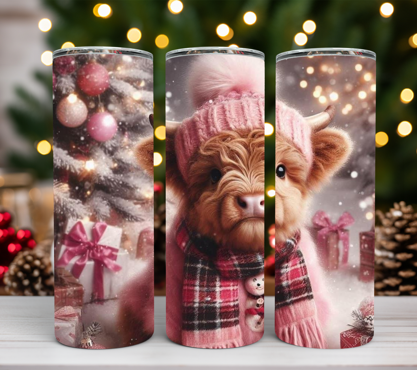 Cute Christmas Pink Highland Cow 20oz Tumbler